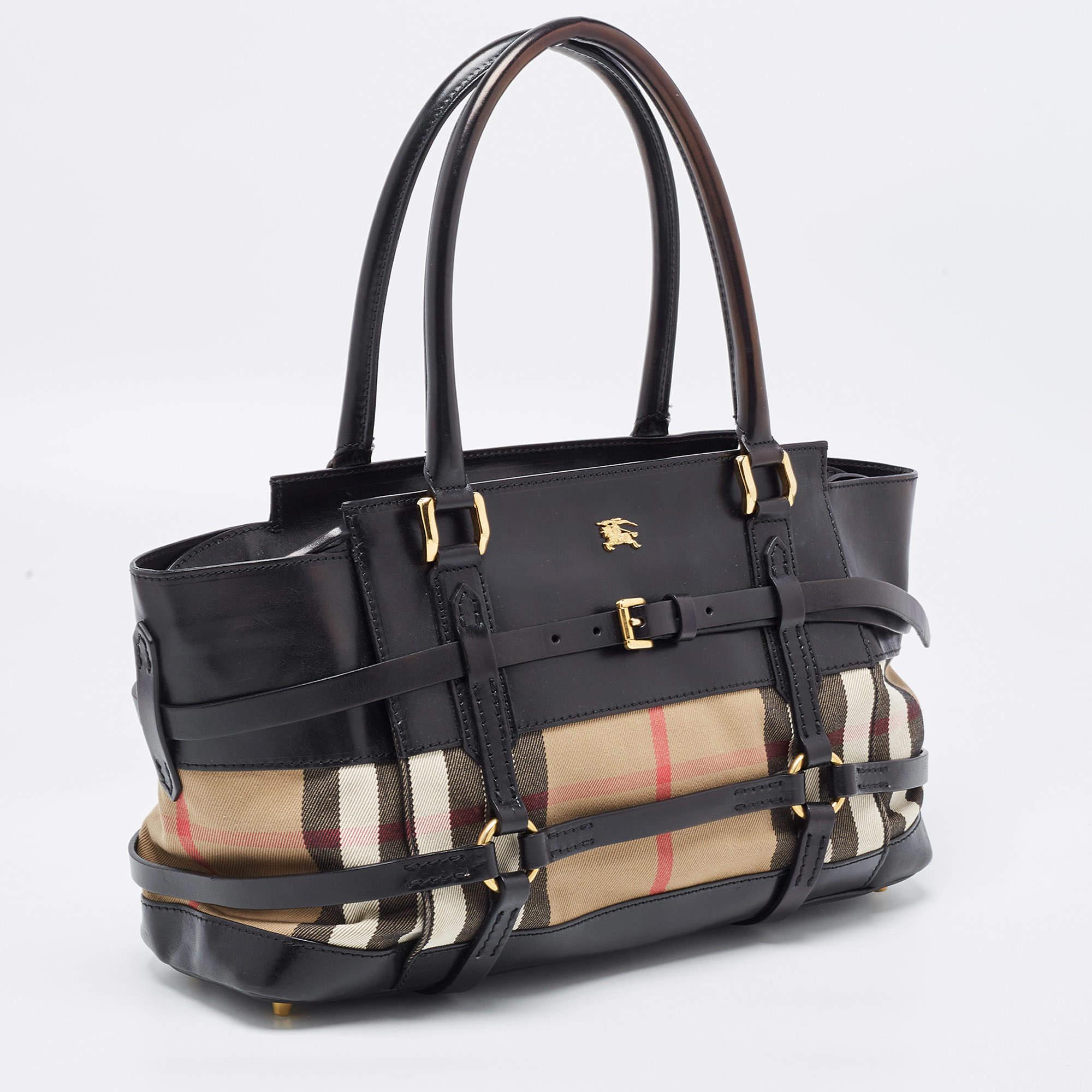 Women's Burberry Black/Beige House Check Canvas and Leather Bridle Tote