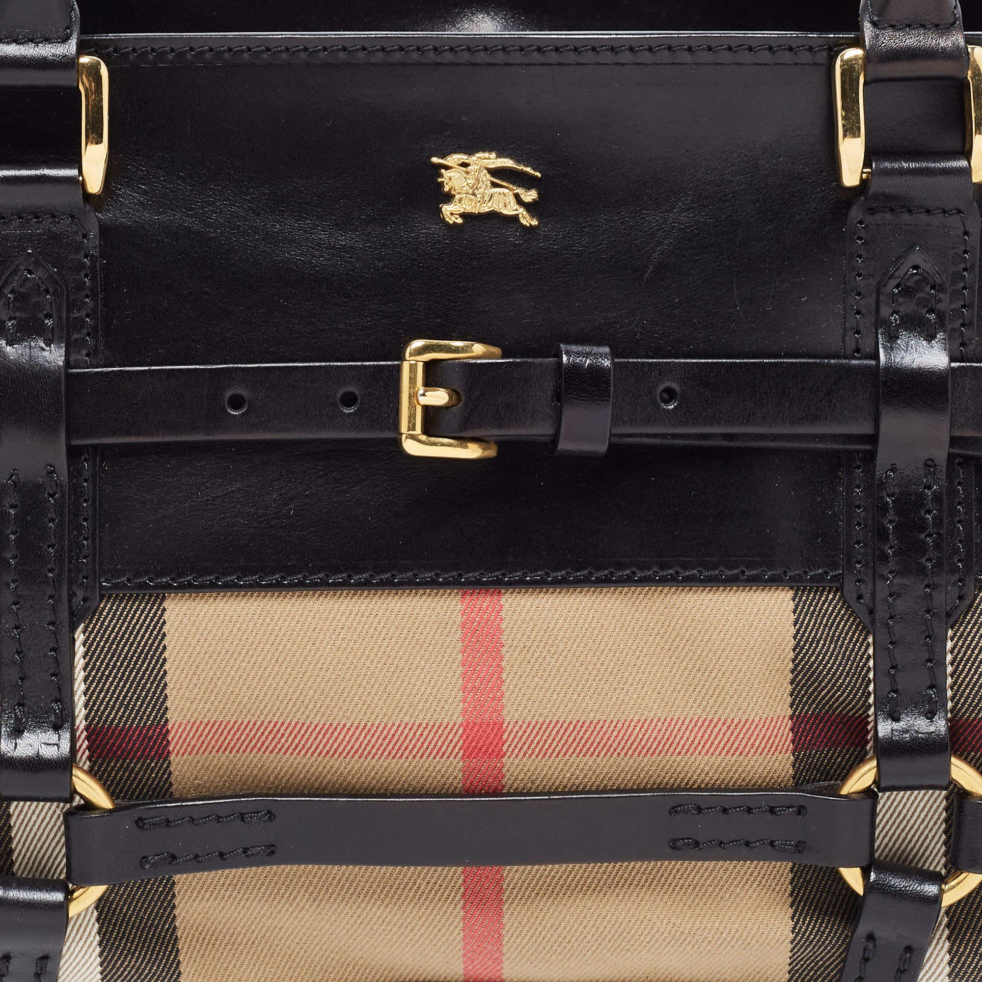 Burberry Black/Beige House Check Canvas and Leather Bridle Tote 3