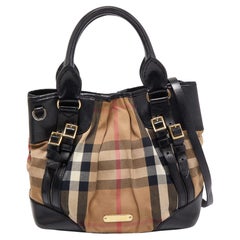 Burberry Black/Beige House Check Canvas and Leather Bridle Tote