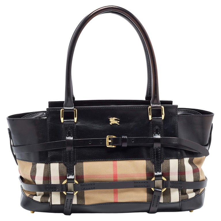 Burberry Black/Beige House Check Canvas and Leather Bridle Tote For Sale at  1stDibs