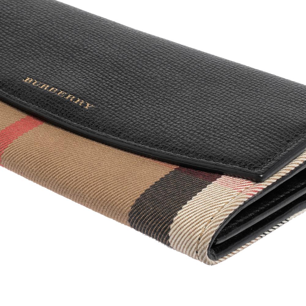 Women's Burberry Black/Beige House Check Canvas and Leather Flap Continental Wallet