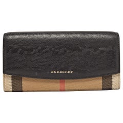 Burberry Black/Beige House Check Canvas and Leather Flap Continental Wallet