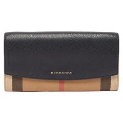 Burberry Black/Beige House Check Canvas and Leather Flap Continental Wallet