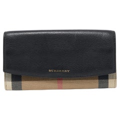 Burberry Black/Beige House Check Canvas and Leather Flap Continental Wallet