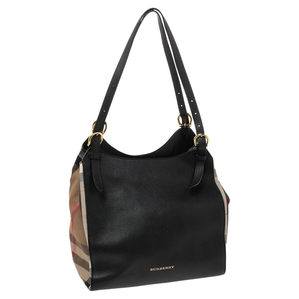 Burberry Black/Beige House Check Canvas and Leather Small Canterbury Tote In Fair Condition In Dubai, Al Qouz 2