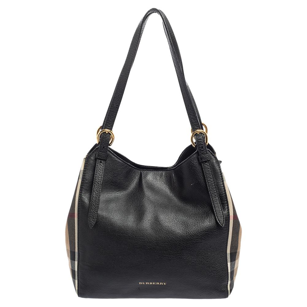 Burberry Black/Beige House Check Canvas and Leather Small Canterbury Tote For Sale
