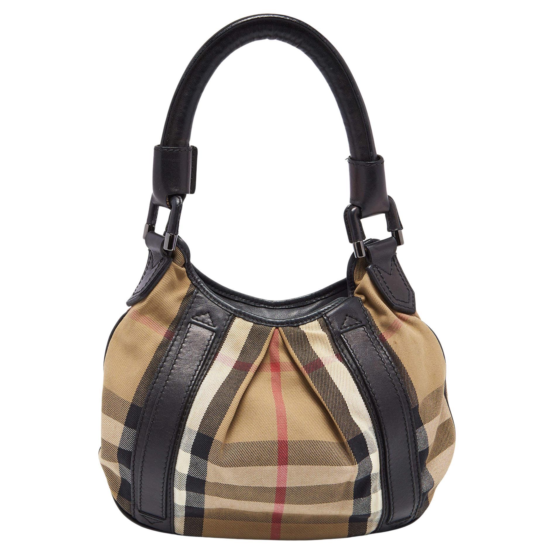 Burberry Black/Beige House Check Canvas and Leather Small Phoebe Hobo For Sale