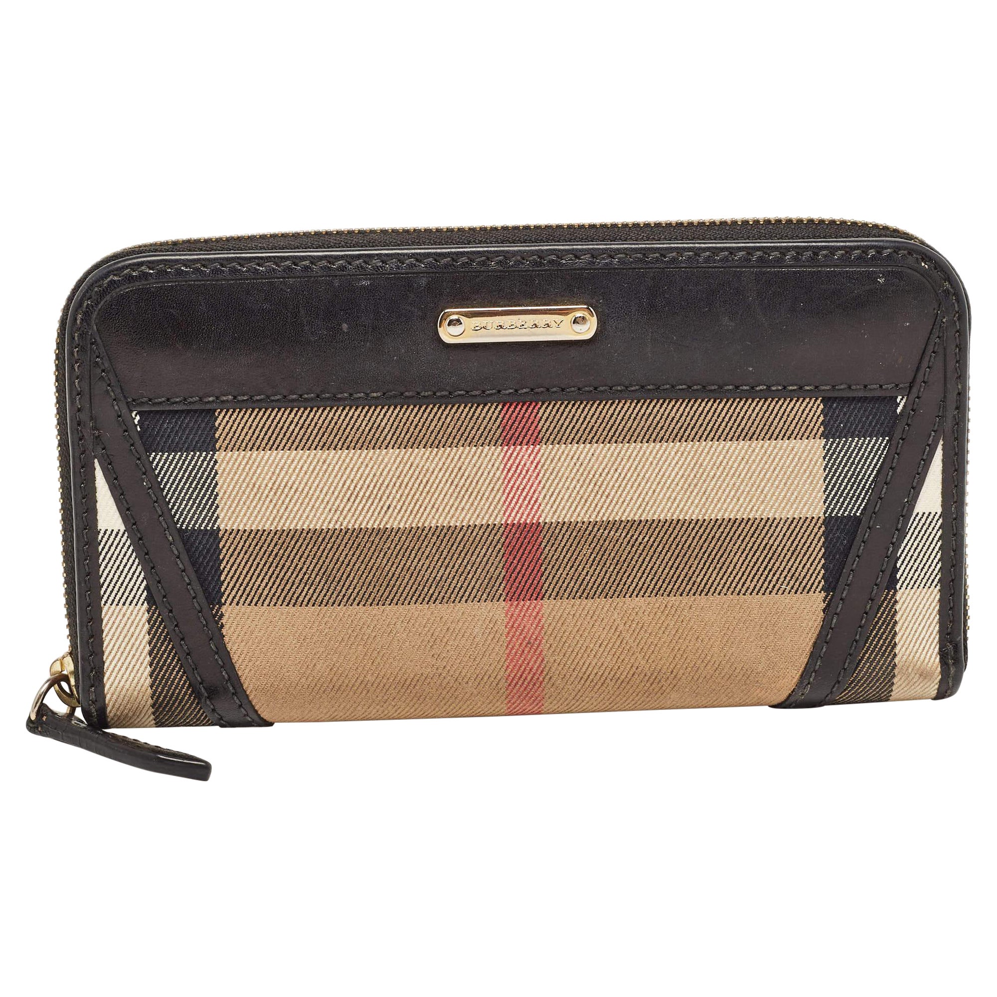 Burberry Black/Beige House Check Canvas and Leather Ziggy Zip Around Wallet