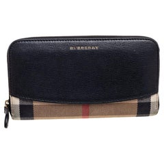 Burberry Black/Beige House Check Canvas and Leather Zip Around Wallet