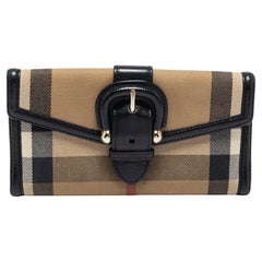 Burberry Black/Beige House Check Canvas Leather Buckle Flap Continental Wallet