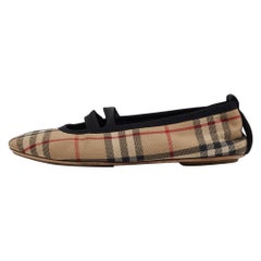 Used Burberry Black/Beige House Check Fabric Grace Ballerina Flats Size 39