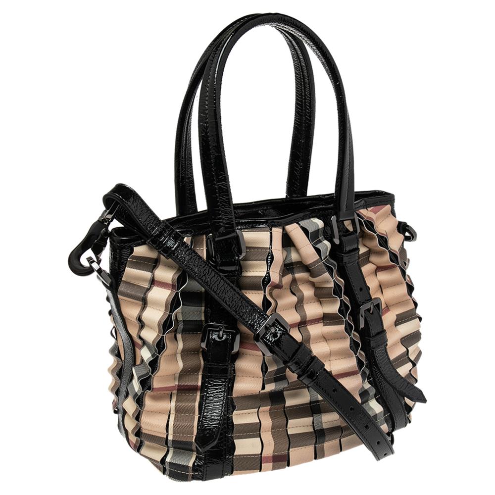 Women's Burberry Black/Beige House Check PVC and Patent Leather Cartridge Pleat Tote