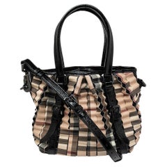 Burberry Black/Beige House Check PVC and Patent Leather Cartridge Pleat Tote