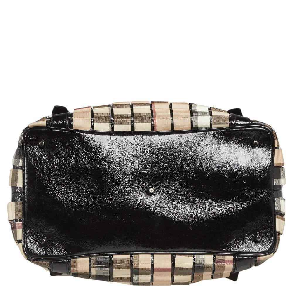 Burberry Black/Beige House Check PVC and Patent Leather Lowry Ruffled Tote 7