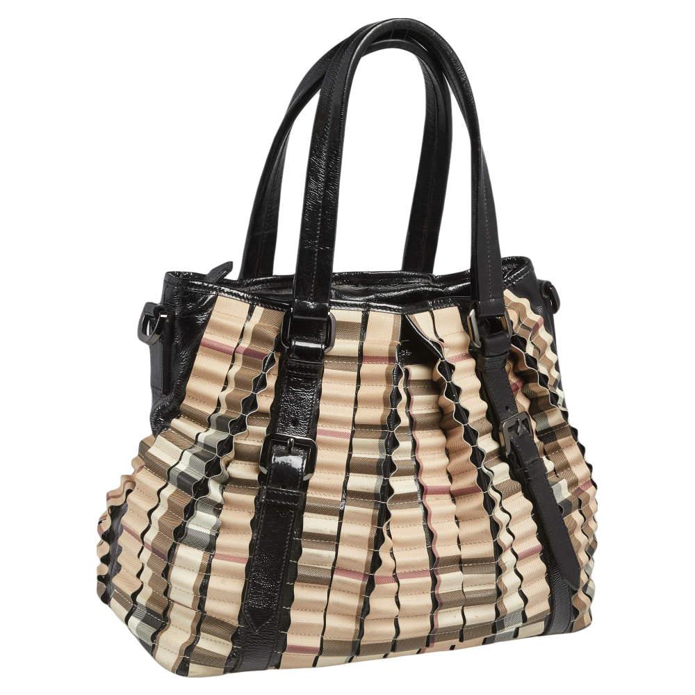 Women's Burberry Black/Beige House Check PVC and Patent Leather Lowry Ruffled Tote