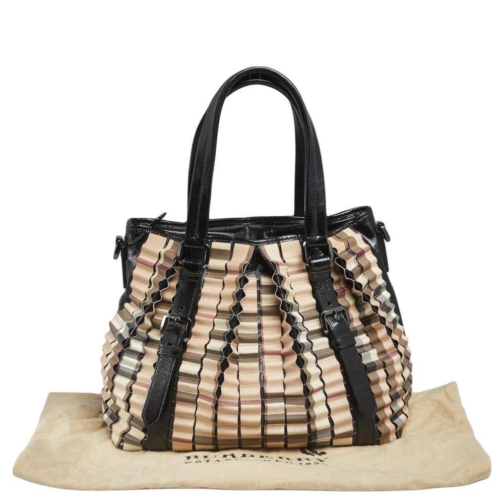 Burberry Black/Beige House Check PVC and Patent Leather Lowry Ruffled Tote 1