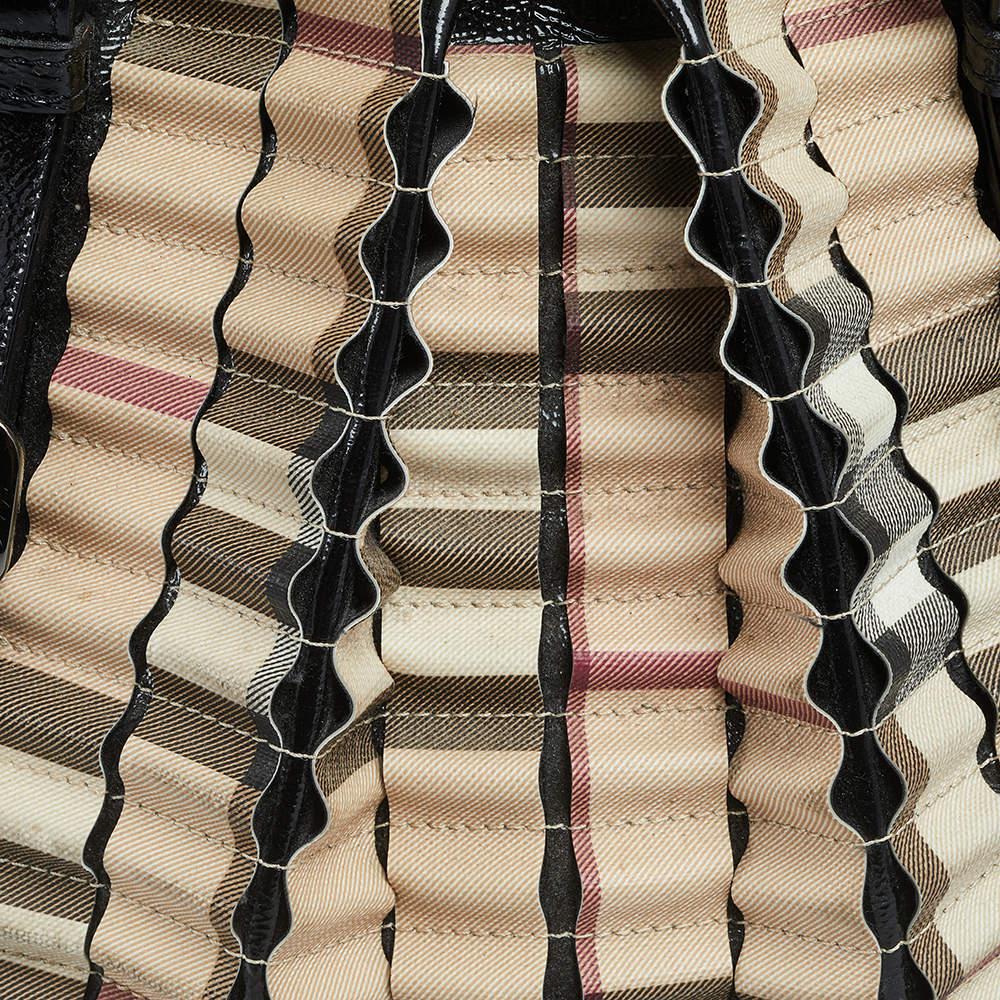 Burberry Black/Beige House Check PVC and Patent Leather Lowry Ruffled Tote 3