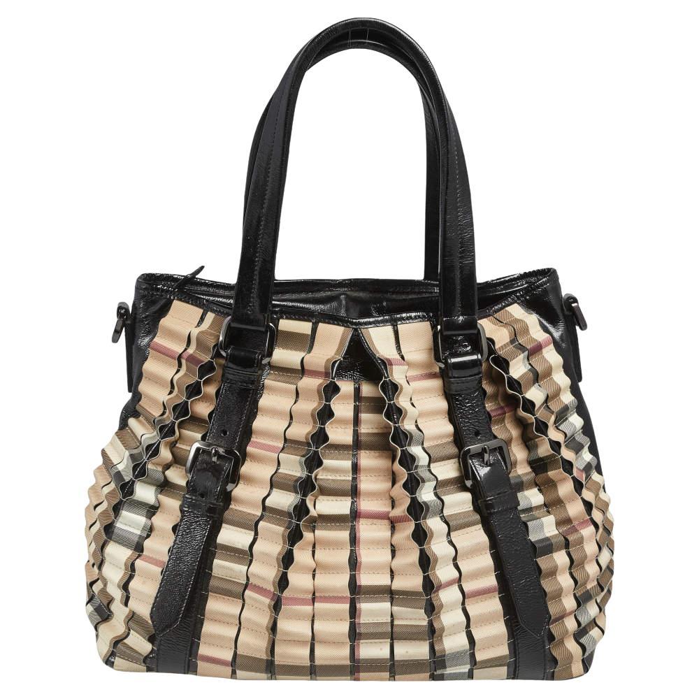 Burberry Black/Beige House Check PVC and Patent Leather Lowry Ruffled Tote For Sale