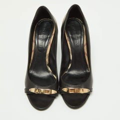 Burberry Black/Beige Leather and Check Coated Canvas Embellished Open Toe Pumps