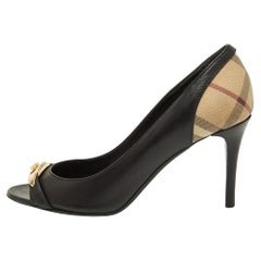 Burberry Black/Beige Leather and Check Coated Canvas Embellished Open Toe Pumps