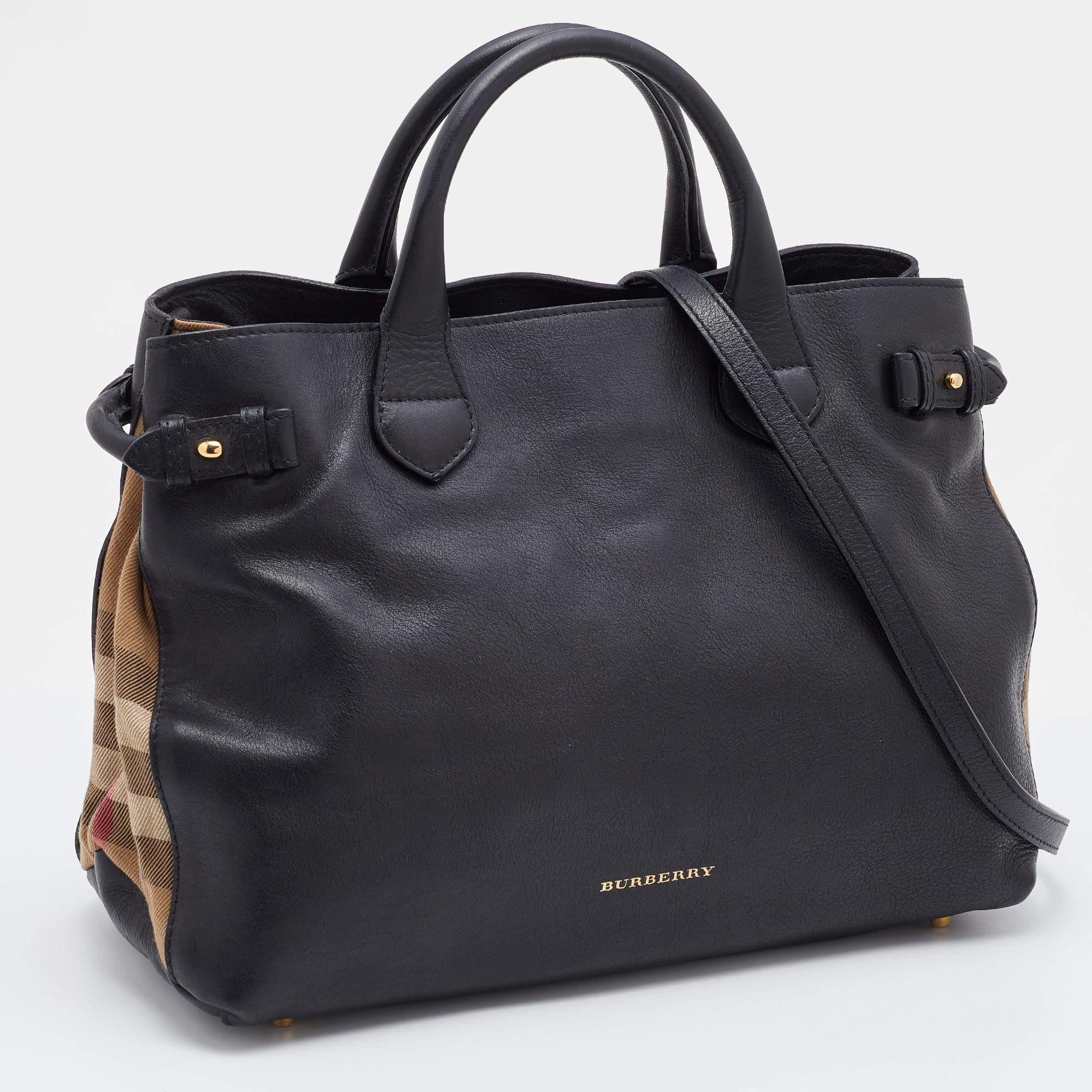 Women's Burberry Black/Beige Leather and House Check Canvas Medium Banner Tote