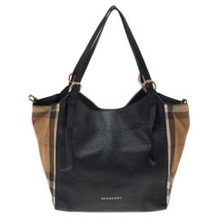 Burberry Black/Beige Leather And House Check Canvas Small Canterbury Tote