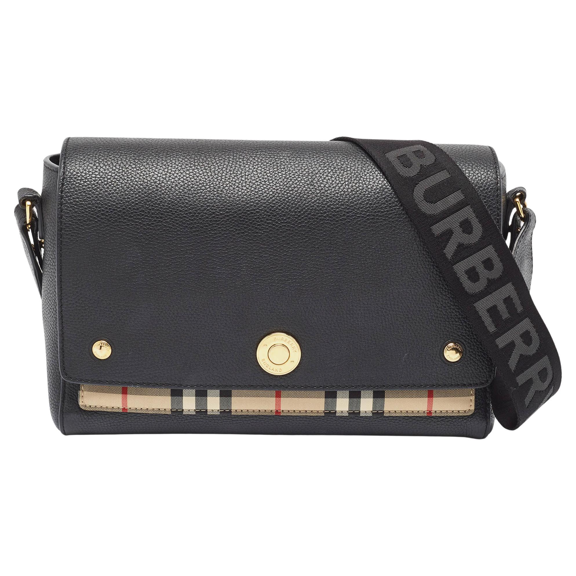 Burberry Black/Beige Leather and House Check Fabric Note Shoulder Bag