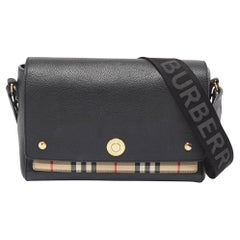 Burberry Black/Beige Leather and House Check Fabric Note Shoulder Bag