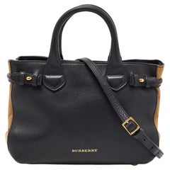 Burberry Black/Beige Leather and House Check Fabric Small Banner Tote
