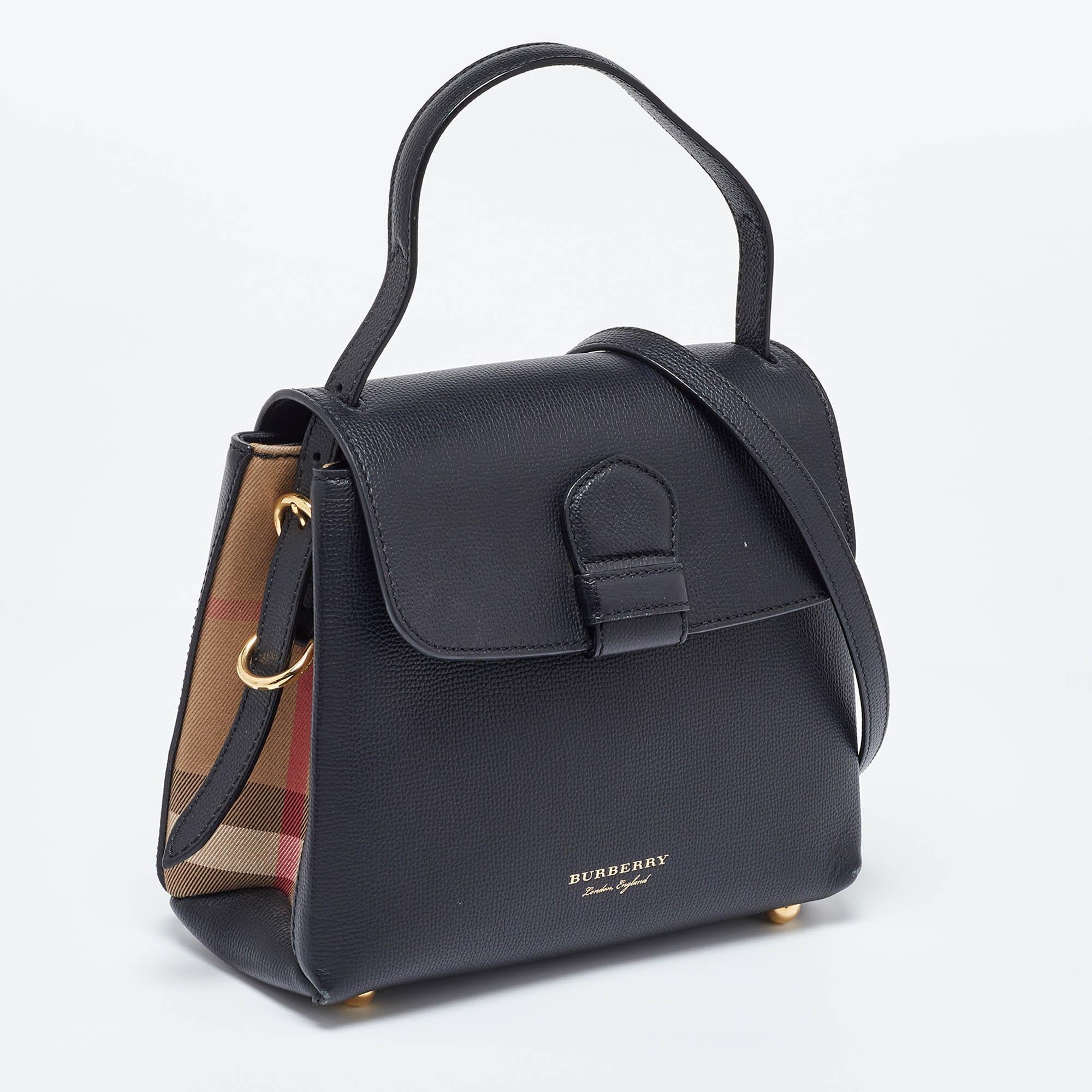 Burberry Black/Beige Leather & House Check Fabric Small Camberley Top Handle Bag In Good Condition In Dubai, Al Qouz 2