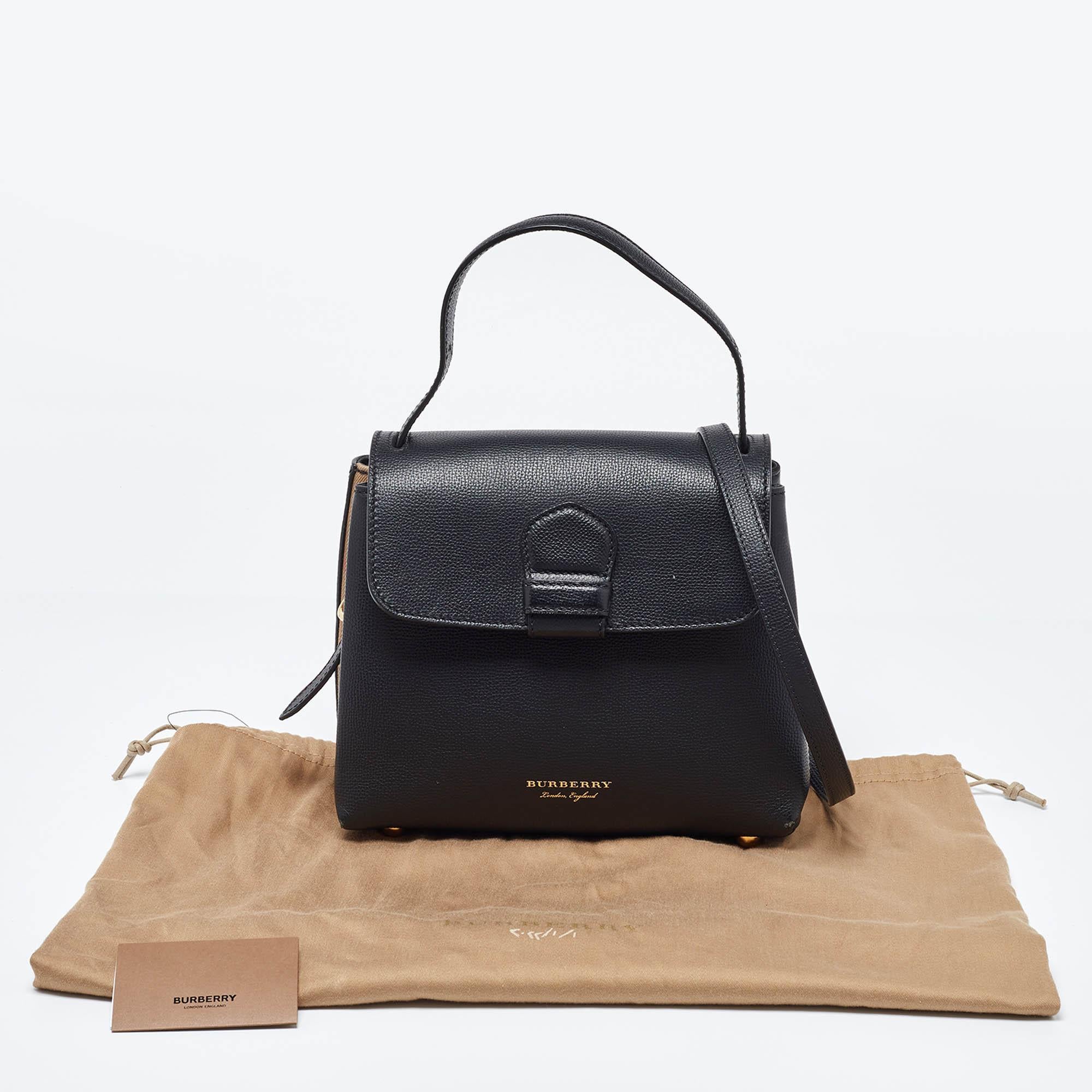 Burberry Black/Beige Leather & House Check Fabric Small Camberley Top Handle Bag 5