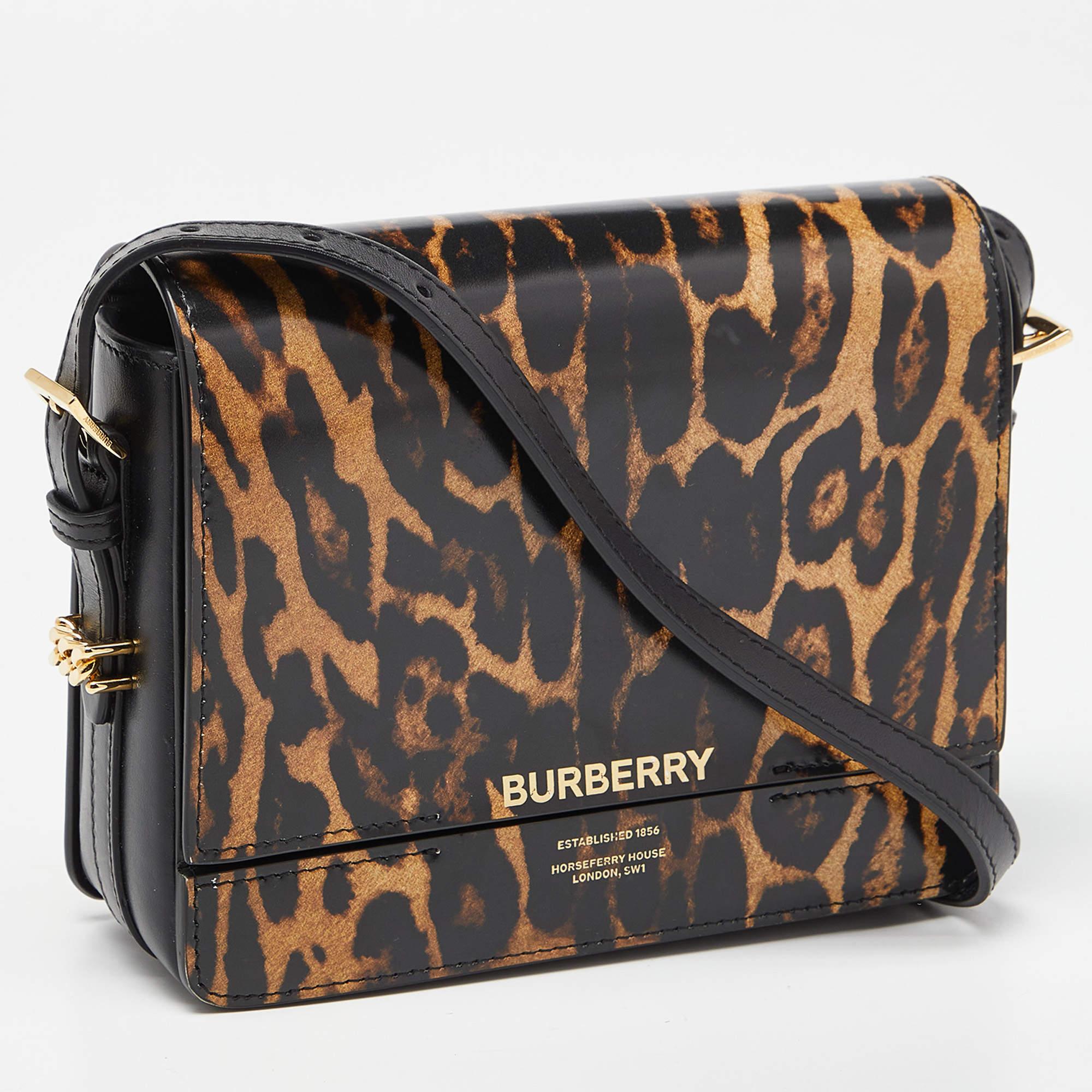Women's Burberry Black/Beige Leopard Print Leather Small Grace Crossbody Bag For Sale