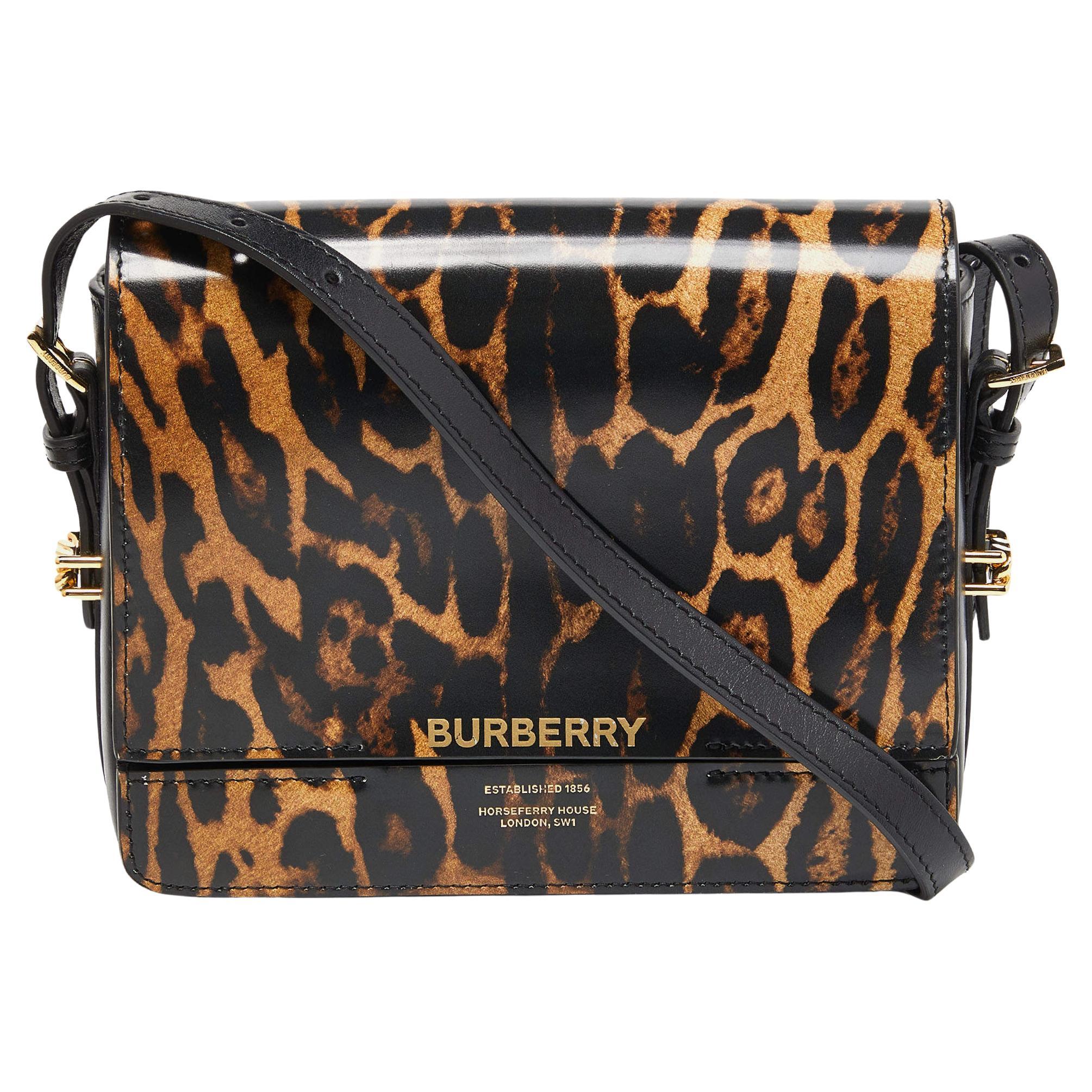 Burberry Black/Beige Leopard Print Leather Small Grace Crossbody Bag For Sale