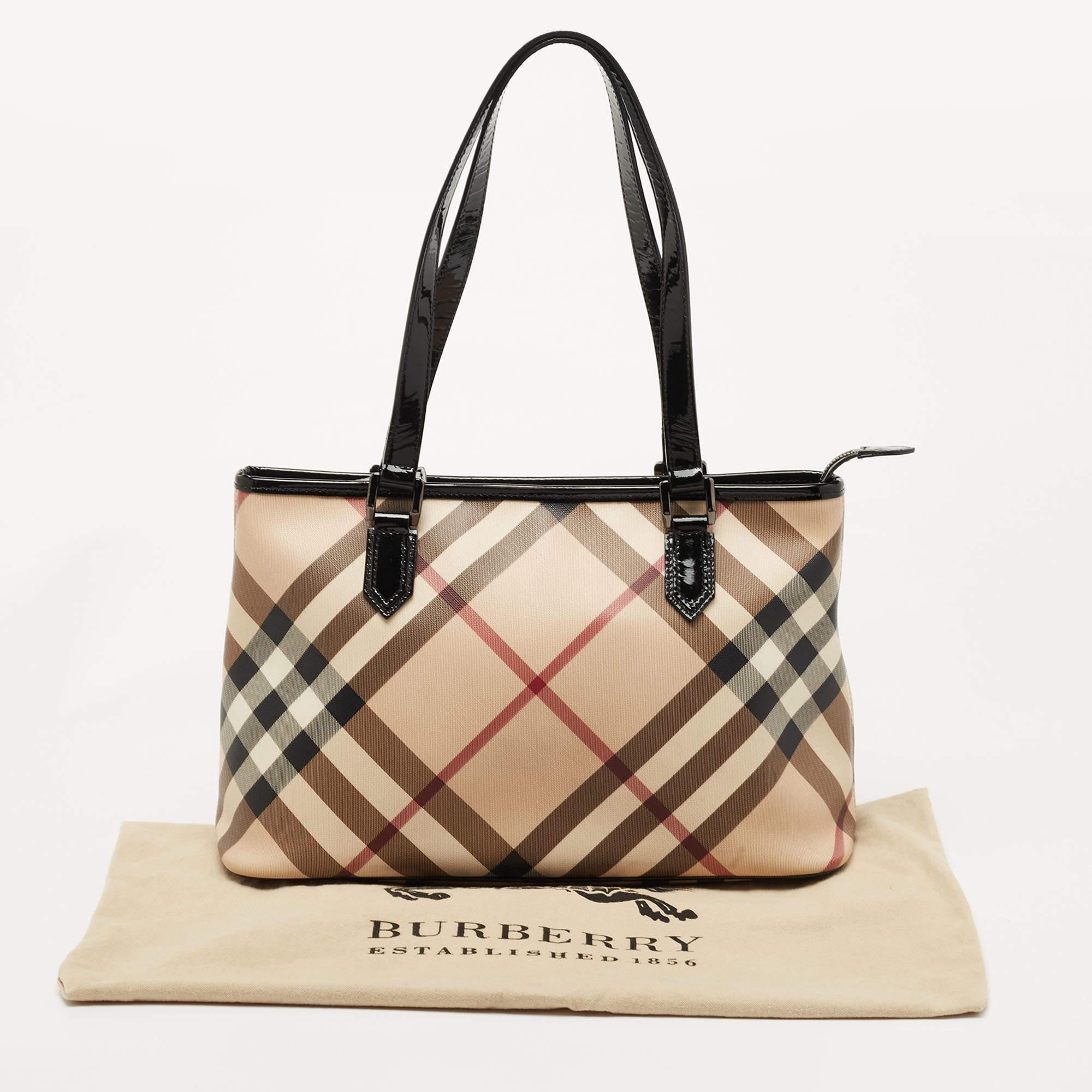 Burberry Black/Beige Nova Check Coated Canvas and Patent Leather Top Zip Tote 11