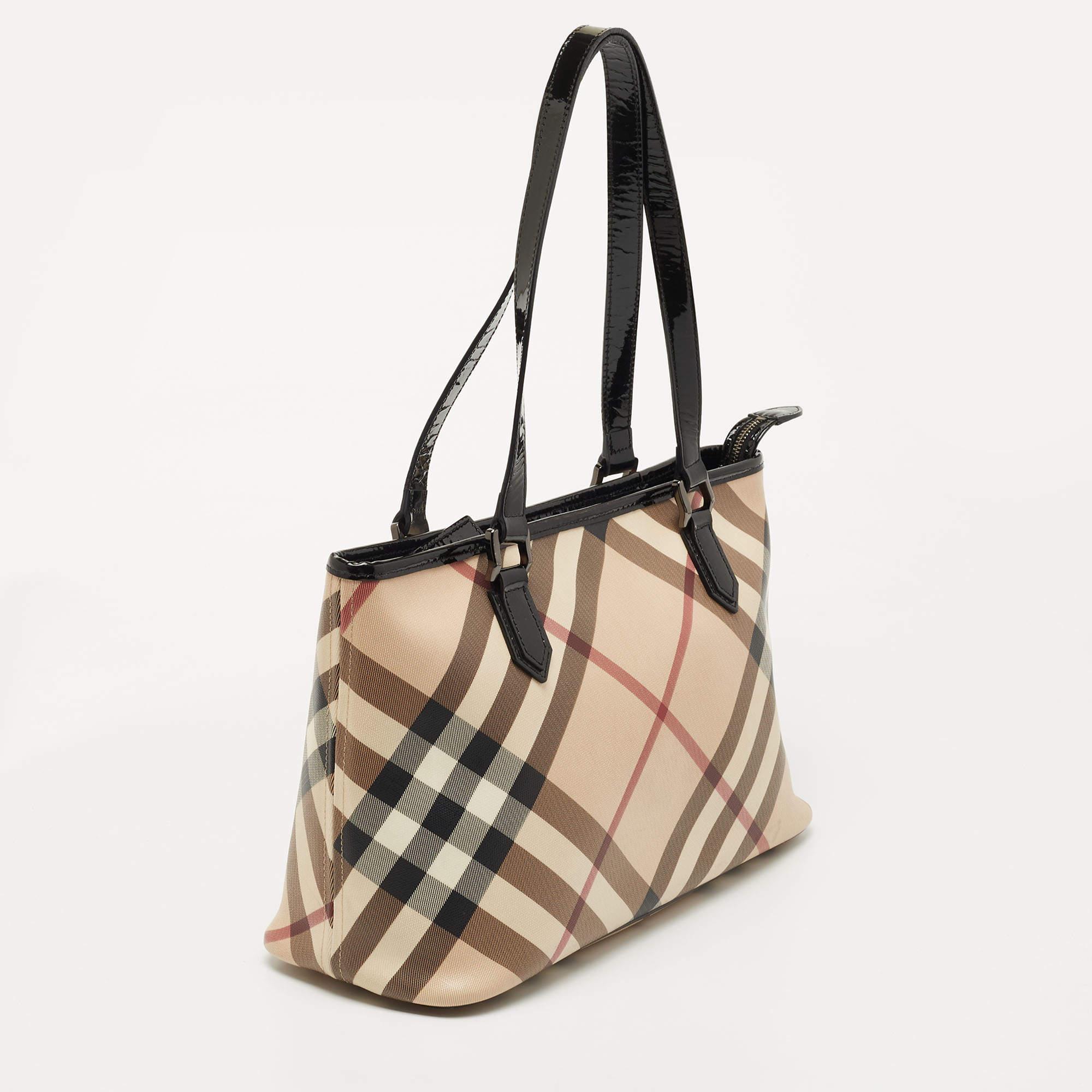Women's Burberry Black/Beige Nova Check Coated Canvas and Patent Leather Top Zip Tote