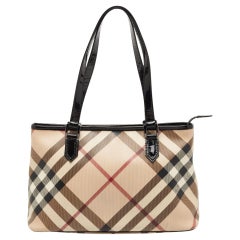 Burberry Black/Beige Nova Check Coated Canvas and Patent Leather Top Zip Tote