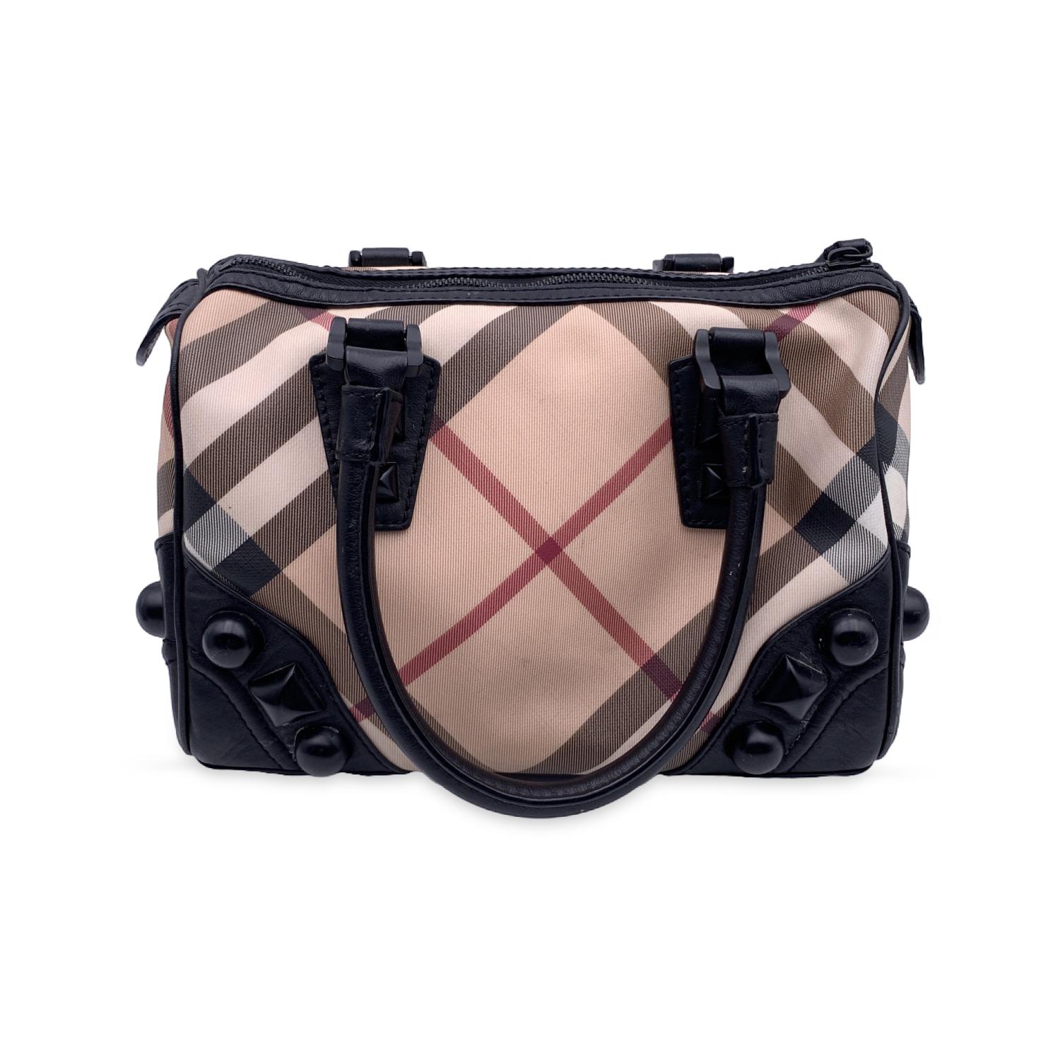 Burberry Black Beige Nova Check on Studs Canvas Leather Boston Bag In Excellent Condition In Rome, Rome