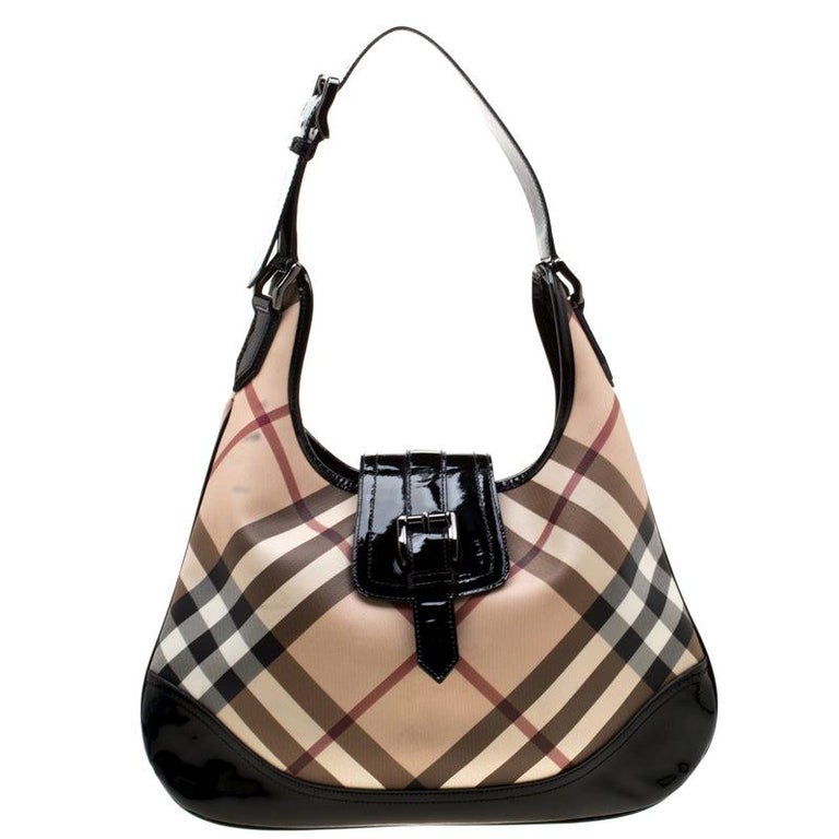 Burberry Black/Beige Nova Check PVC and Patent Leather Brooke Hobo For ...
