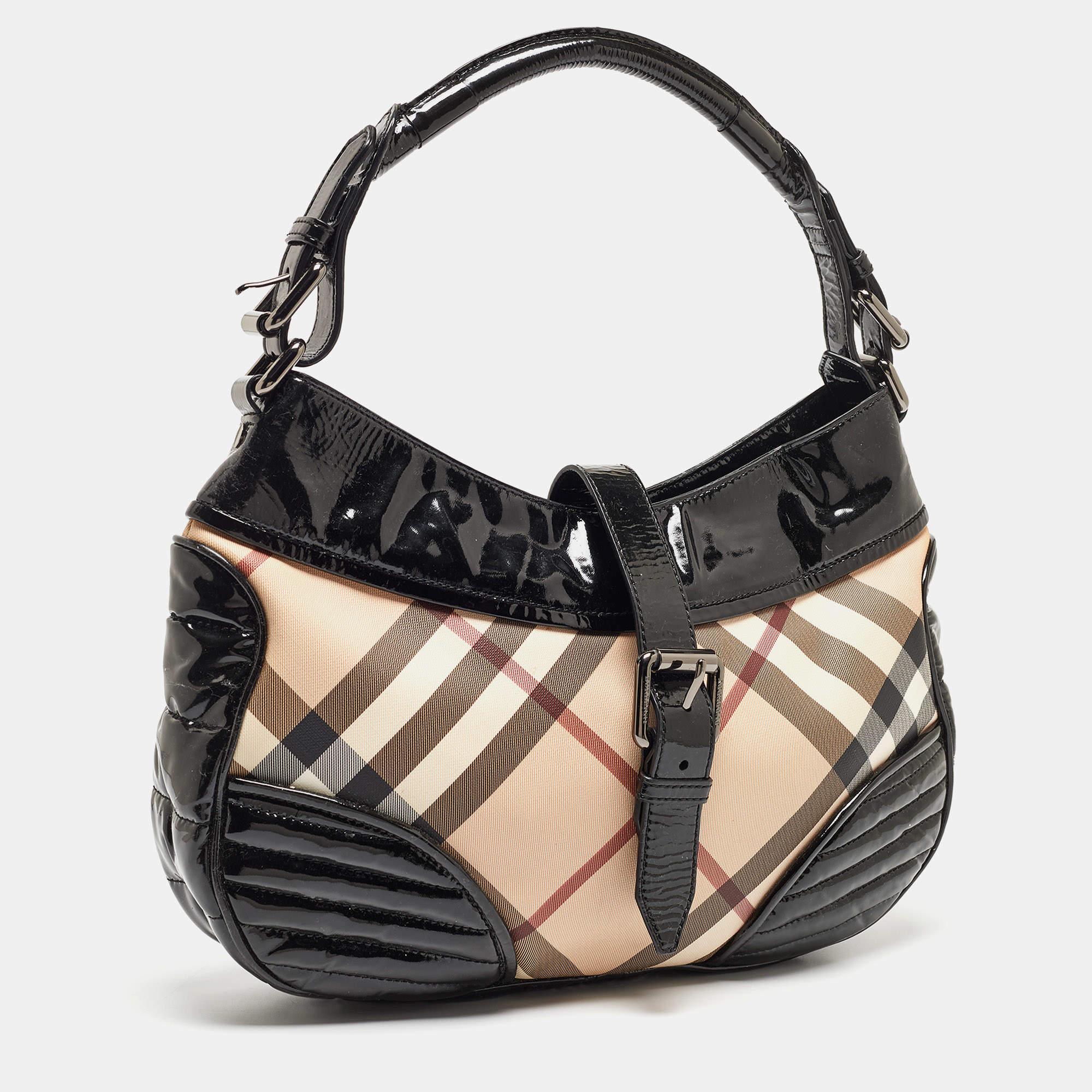Women's Burberry Black/Beige Nova Check PVC and Patent Leather Hobo For Sale