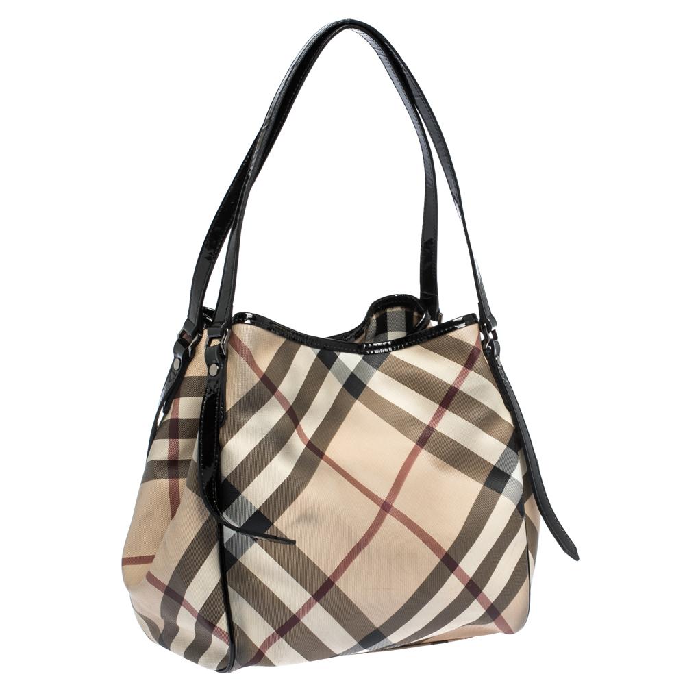 Burberry Schwarz/Beige Nova Check PVC und Lackleder Small Canterbury Tote im Zustand „Relativ gut“ in Dubai, Al Qouz 2