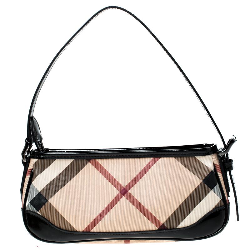 Women's Burberry Black/Beige Nova Check PVC and Patent Leather Small Newbury Sling Bag For Sale