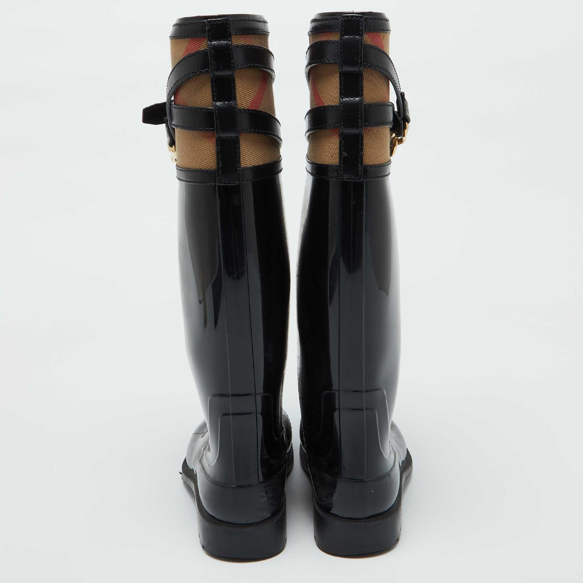  Bottes de pluie en caoutchouc et toile à carreaux Burberry noir/beige Taille 38 Pour femmes 