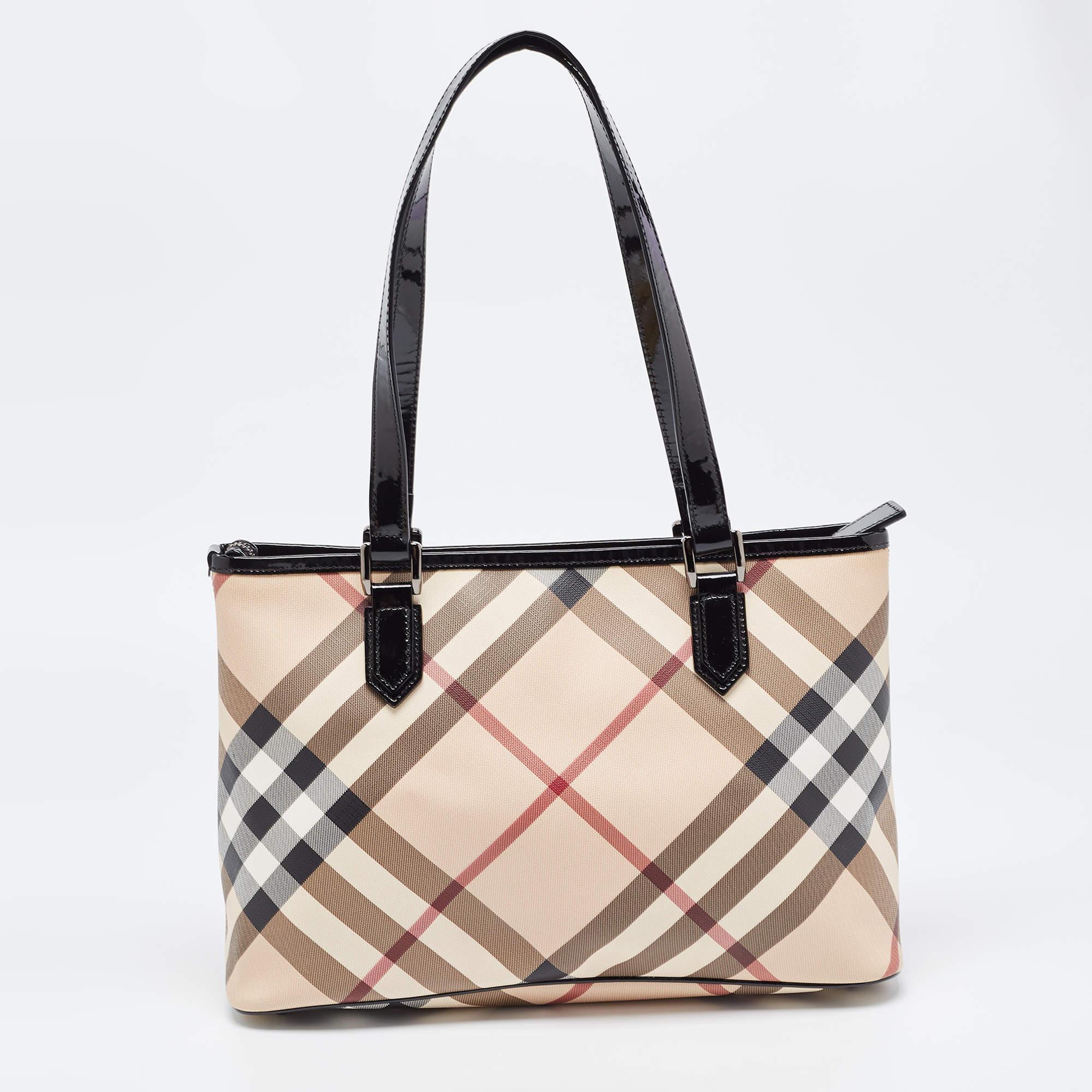 Women's Burberry Black/Beige Super Nova Check PVC and Patent Leather Nickie Tote