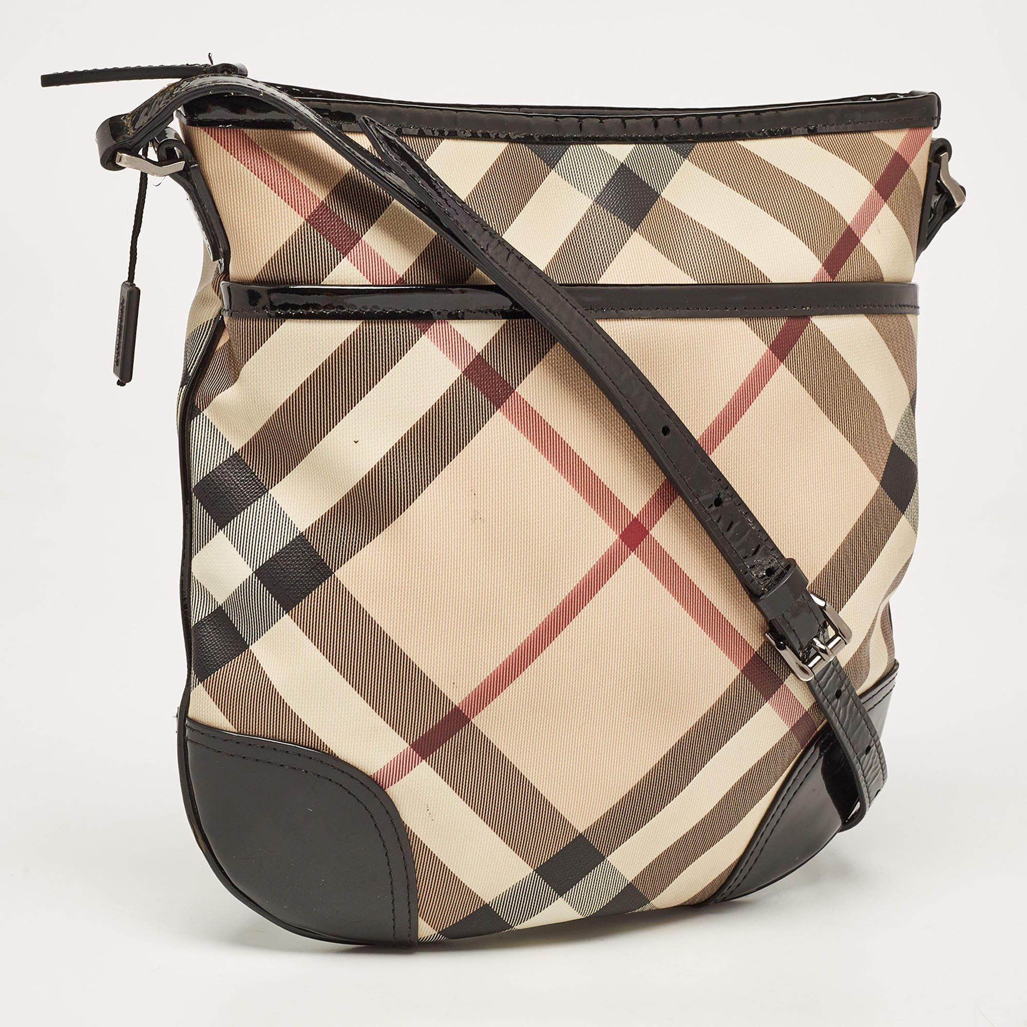 Burberry Black/beige Supernova Check PVC and Patent Leather Dryden Crossbody Bag In Excellent Condition In Dubai, Al Qouz 2