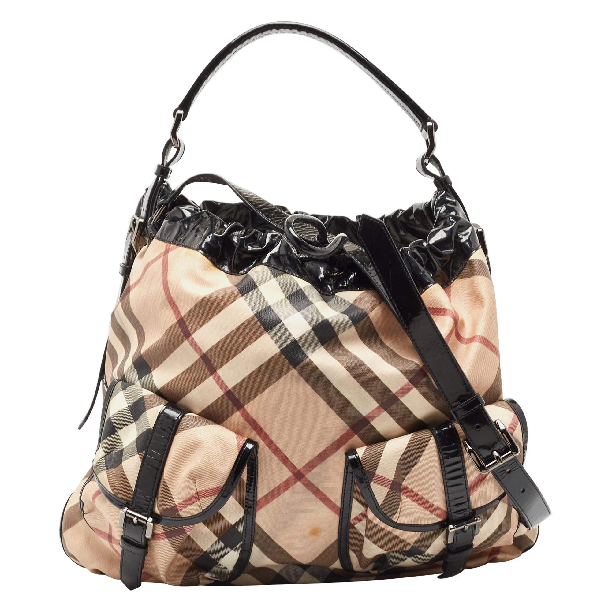 Burberry Black/Beige Supernova Coated Canvas 
Patent Leather Double Pocket Hobo