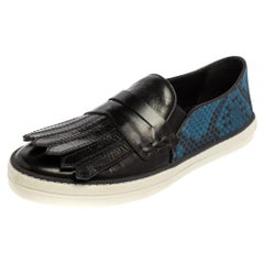 Burberry Black/Blue Leather And Canvas Fringe Penny Slip On Sneakers Size 39