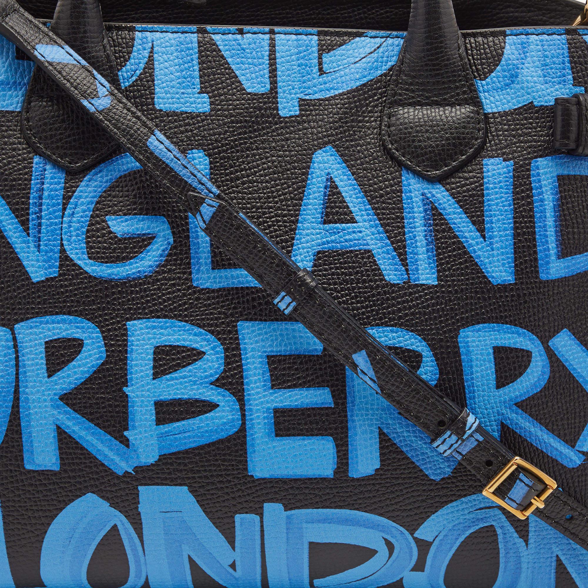Burberry Black/Blue Leather Medium Graffiti Banner Tote 3