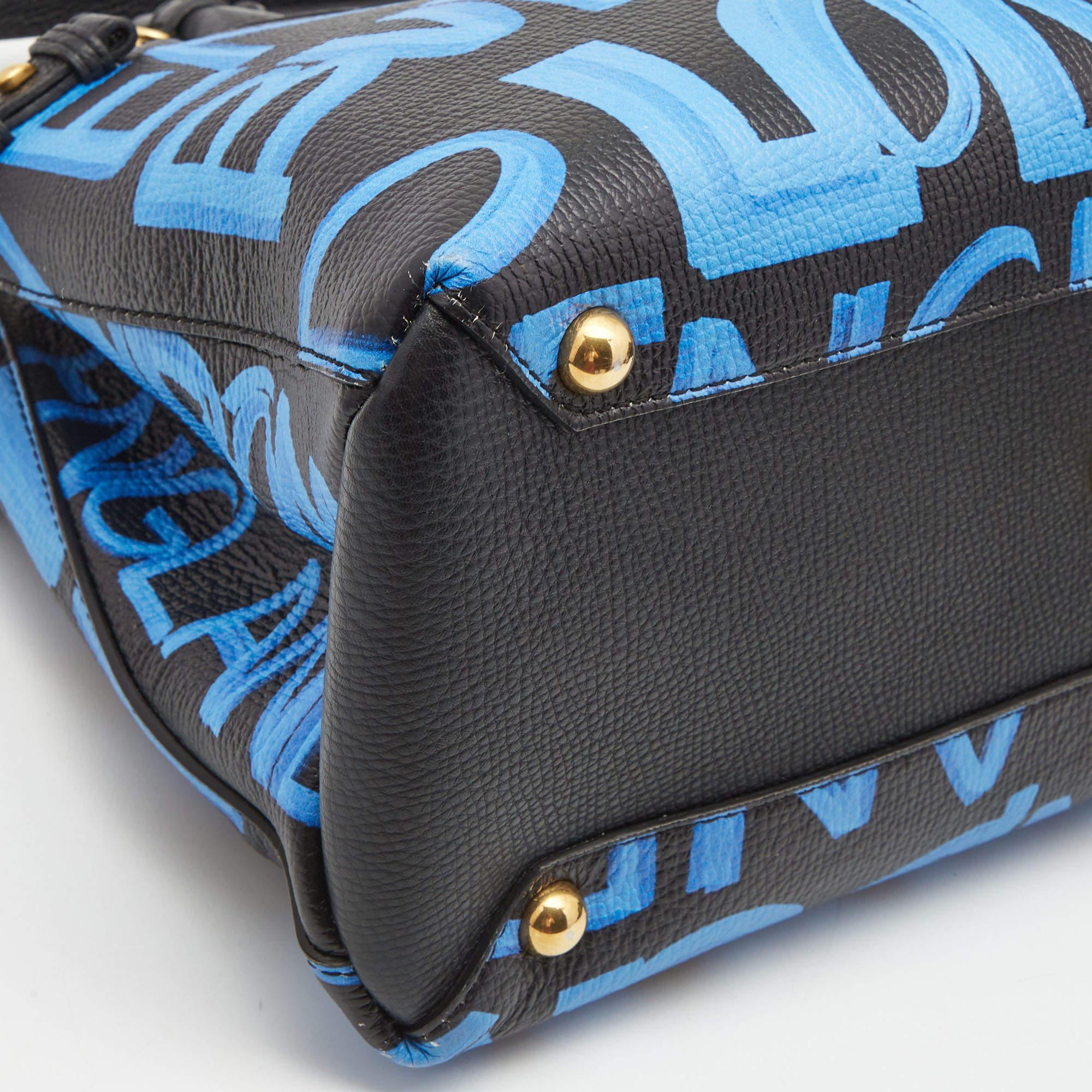 Burberry Black/Blue Leather Medium Graffiti Banner Tote 5
