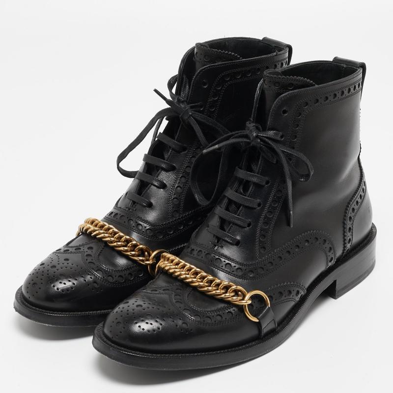 Burberry Black Brogue Leather Barksby Chain Detail Ankle Boots Size 40 en vente 1