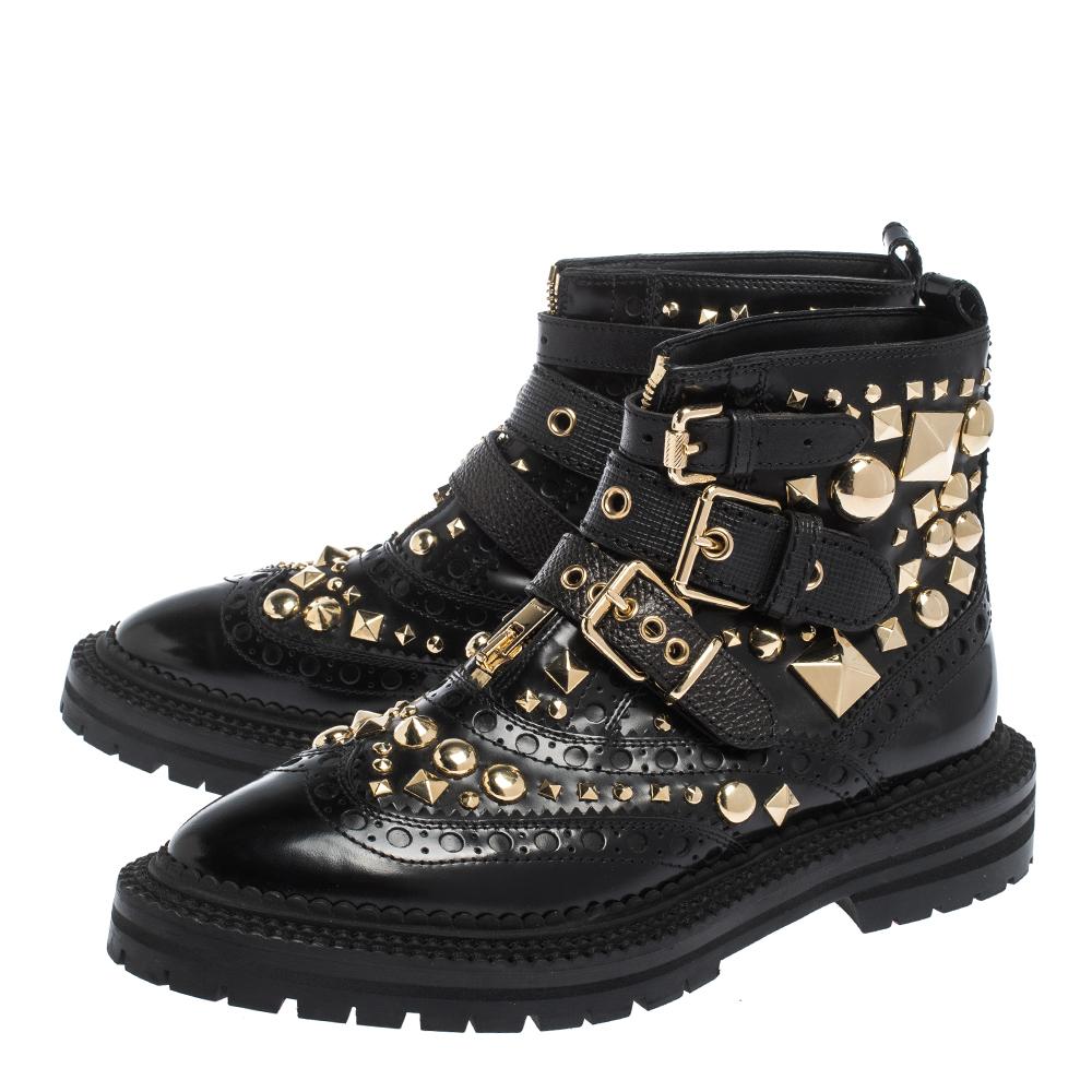 Women's Burberry Black Brogue Leather Everdon Ankle Boots Size 37.5
